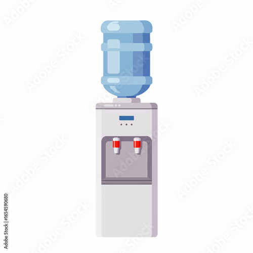 Illustration of a modern water cooler with a large blue water bottle on top, ready for dispensing.