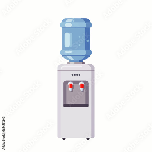 A white water cooler with a clear plastic water reservoir.