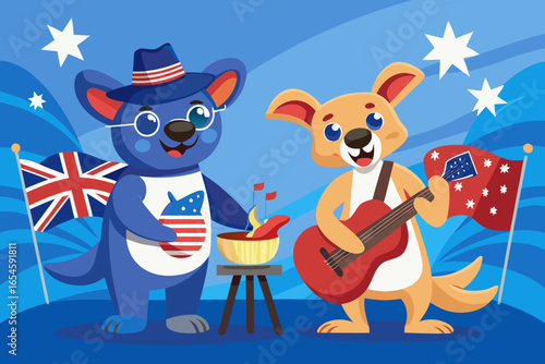 Two kangaroos celebrating australia day with flags, guitar, and food on a blue background