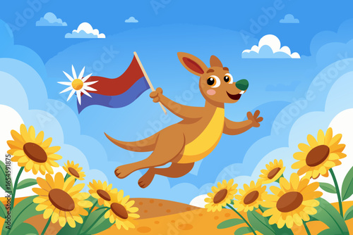 A cheerful kangaroo happily jumps through a field of sunflowers holding the australian aboriginal flag
