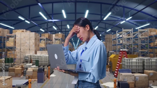 Side View Of Asian Female Professional Worker Use Laptop in Warehouse with Rows of Shelving,  She Is Nodding Her Shead With Dissapionted