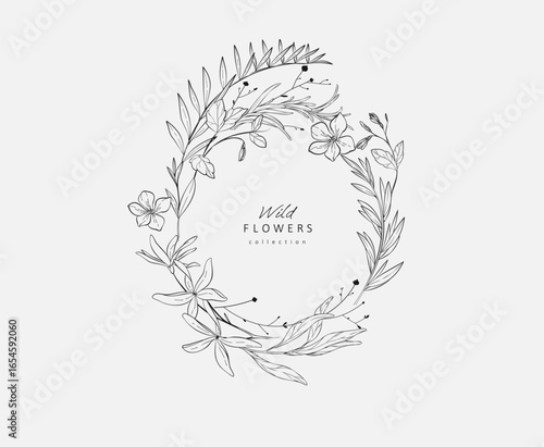 Background with detailed various flowers and foliage, intricate details and delicate forms. Hand drawn vector illustration with elegant botanical elements for invitation, save the date card