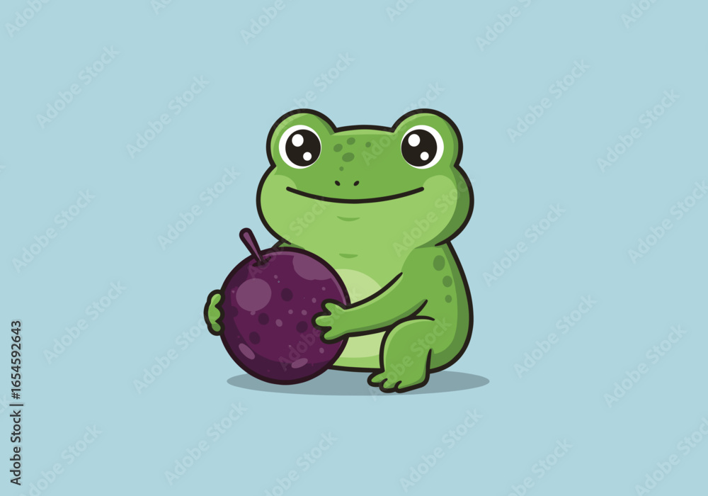 Obraz premium Cute frog holding a fruit – Illustration design, fun and adorable cartoon character