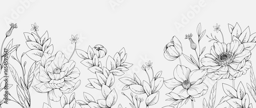 Floral bakground or wallpaper with tender flowers and leaves. Botanical foliage for wedding invitation or wall art. Vector illustration