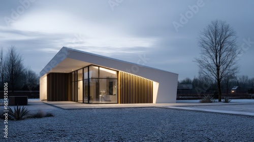 A contemporary house with a slanted roof stands in a snowy area near leafless trees,