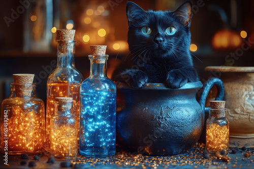 Black cat sits in cauldron with potion.
