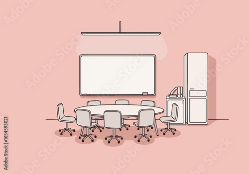 Modern, minimalist, light-filled meeting room, offering a clean space for teamwork and strategic planning, with a boardroom table and smartboard.