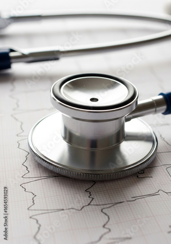 Close up of a stethoscope resting on an electrocardiogram