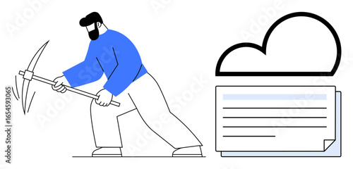 Person using pickaxe depicting data mining beside cloud and document visuals. Ideal for technology, data analysis, cloud computing, digital storage, cybersecurity, big data, and innovation. Simple