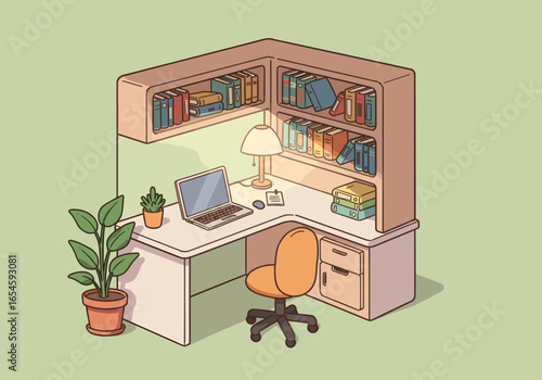 Cozy workplace illustration - Desktop setup with books, laptop, lamp and chair
