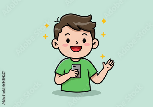 Cheerful young man holding smartphone, illustration showcasing communication, tech, and youth engagement.