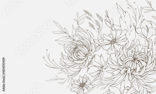 Floral bakground or wallpaper with bouquet of chrysanthemum and various flowers. Botanical foliage for wedding invitation or wall art. Vector illustration. Luxury
