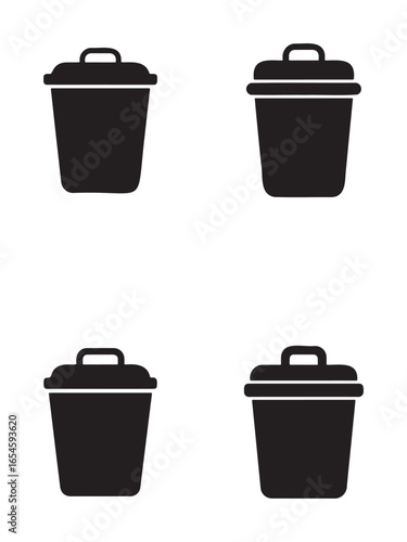 Four simple black garbage cans on white background