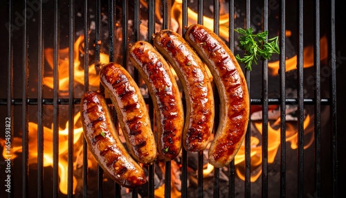 Grilled sausages with fire, summer barbecue concept, appetizing food on the grill, close up view