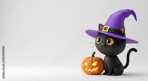 3d cartoon illustration, cute black cat in purple witch hat for halloween on the right, against pure white tones, ample copy space on the left. ,isolated on bright background
