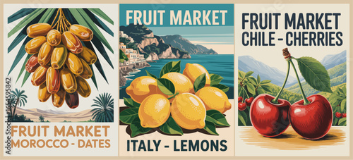 Retro fruit market poster set featuring Cherries from Chile, Dates from Morocco, and Lemons from Italy with iconic landscapes in vintage travel style vector art