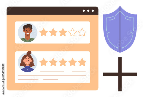 Rating dashboard with two user profiles, stars, protective shield, and plus sign. Ideal for trust, feedback, privacy, customer review online security rating systems and evaluation concepts. Simple