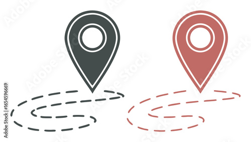 Navigation route icons with dashed line and location pin in black and red
