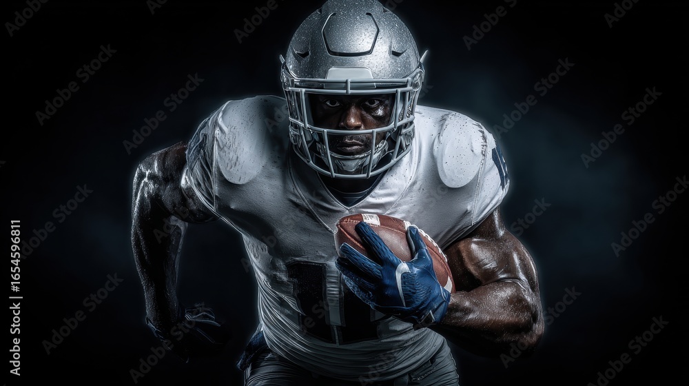 Naklejka premium Focused American football player runs with a ball on a dark background, concept of athletic determination.