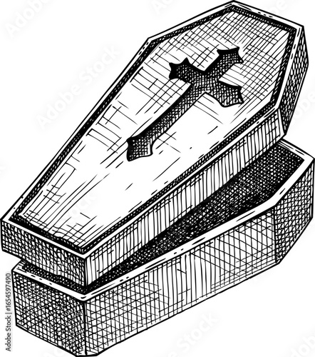 Wooden coffin hand drawn vector illustration. Cemetery sketch. Halloween decor element. NOT AI generated