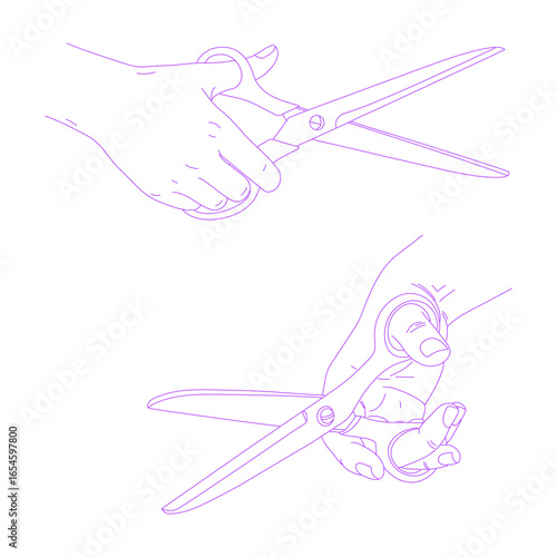 Line art illustration of hand using scissors