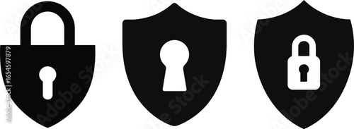 Three shields displaying a padlock and keyhole symbols representing security and protection measures in black