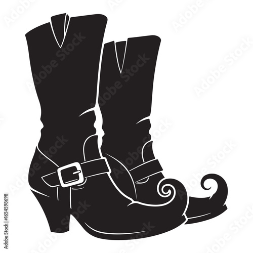 Black silhouette of two leprechaun boots with buckles shown  