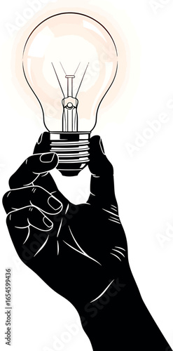 Vector art of black and white illustration of a hand holding a lit lightbulb, symbolizing an idea, isolated on white background transparent background