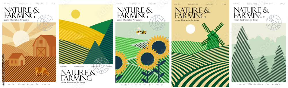 custom made wallpaper toronto digitalNature, agriculture and farming. Vector geometric abstract illustration of countryside, barn, fields, sunflowers, windmill, mill, landscape, farm for village poster, cover or rural background
