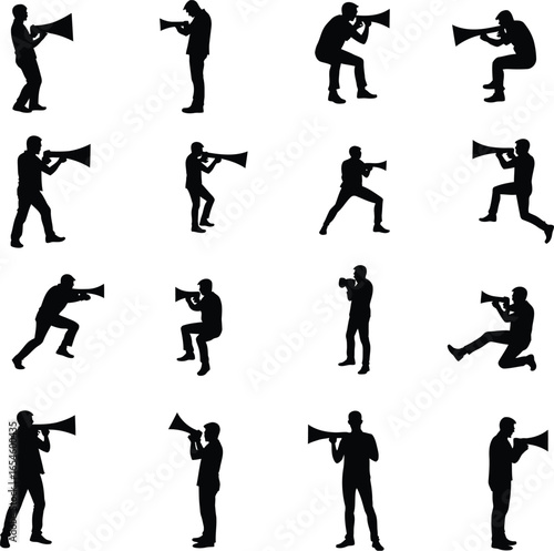 Twelve silhouettes of people using megaphones announcing