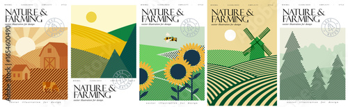 Nature, agriculture and farming. Vector geometric abstract illustration of countryside, barn, fields, sunflowers, windmill, mill, landscape, farm for village poster, cover or rural background