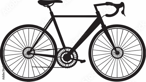 Black silhouette of a road bicycle featuring thin wheels and curved handlebars on a white background is shown