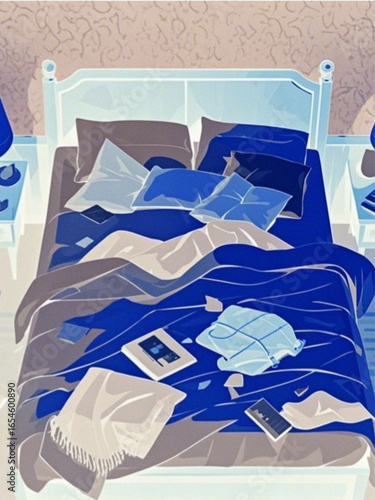 a messy bed after a night of use, including the blanket and pillows that were scattered and crumpled in a room