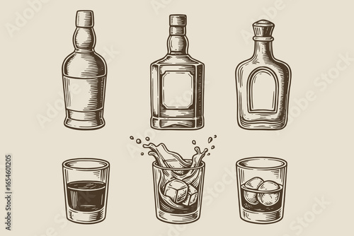 Whiskey bottles and glasses engraving vintage style vector illustration