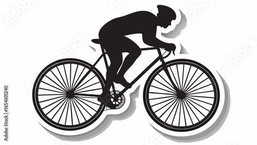 Silhouette of a cyclist wearing a helmet riding a bicycle with shadow on a white background art design