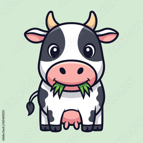 Cute Cow Eat Grass Cartoon Vector Icon Illustration Animal Nature Icon Isolated Flat Vector