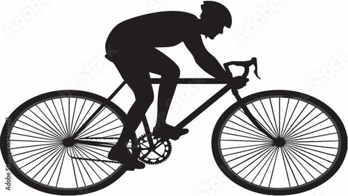 Silhouette of a cyclist wearing a helmet riding a bicycle with spoked wheels on a white background image