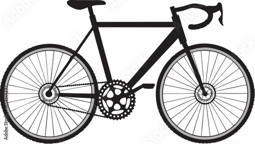 A detailed black and white illustration of a bicycle with visible chain and spokes on a white background