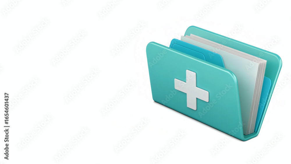 3D Medical Folder with White Cross, Healthcare Record Illustration on White Background with Copy Space 3D Medical Folder with White Cross, Healthcare Record Illustration on White Background with Copy Space