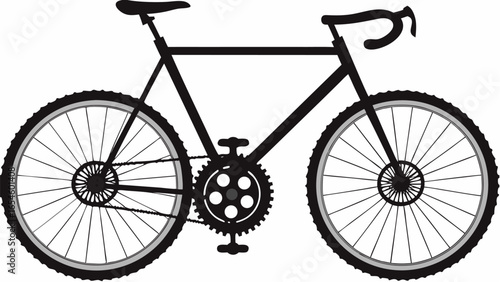 A black silhouette of a bicycle with detailed wheels and gears on a white background is displayed