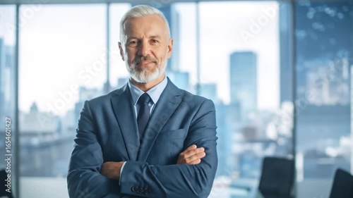 A distinguished, silver-haired man in a business suit stands confidently with arms crossed, smiling in a high-rise office