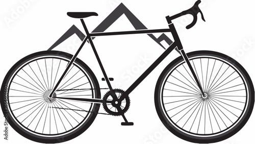Illustration of a bicycle with mountain peaks in the background in black and white color scheme
