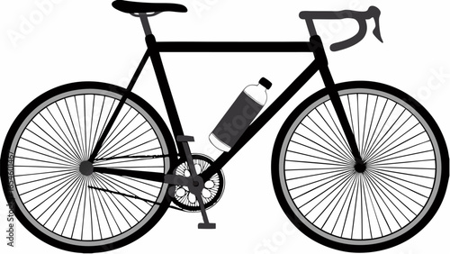 Illustration of a black road bicycle with a water bottle attached to the frame and white background