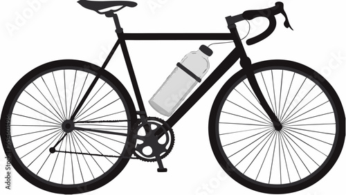 Illustration of a black road bicycle with a water bottle attached to the frame on a white background