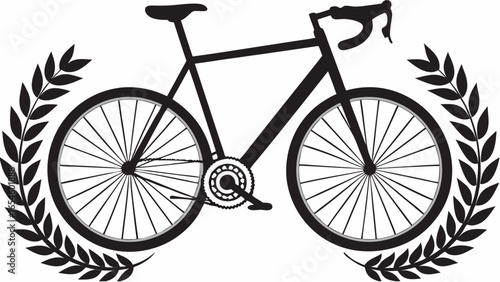 Silhouette of a bicycle surrounded by laurel branches in a minimalist black and white design style