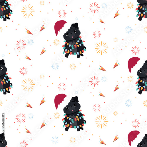 New Year's template Funny pug wrapped around Christmas lights and in Santa Claus hats on his head.