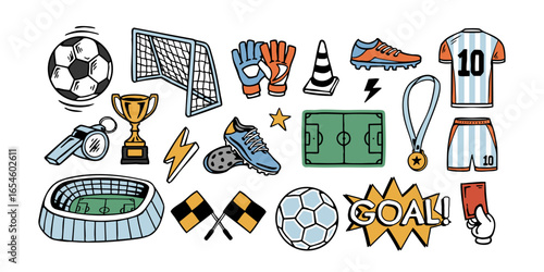 Vector football illustration set with soccer ball, goal, jersey, boots, gloves, trophy, stadium, medal, and field.
Perfect for t-shirts, posters, stickers, sports graphics, and merchandise.