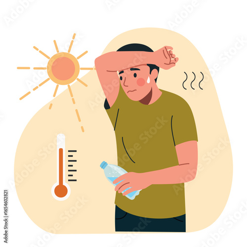 Young man with a bottle of water wipes sweat from his forehead under the scorching sun. Hot summer weather.  Vector cartoon flat style illustration