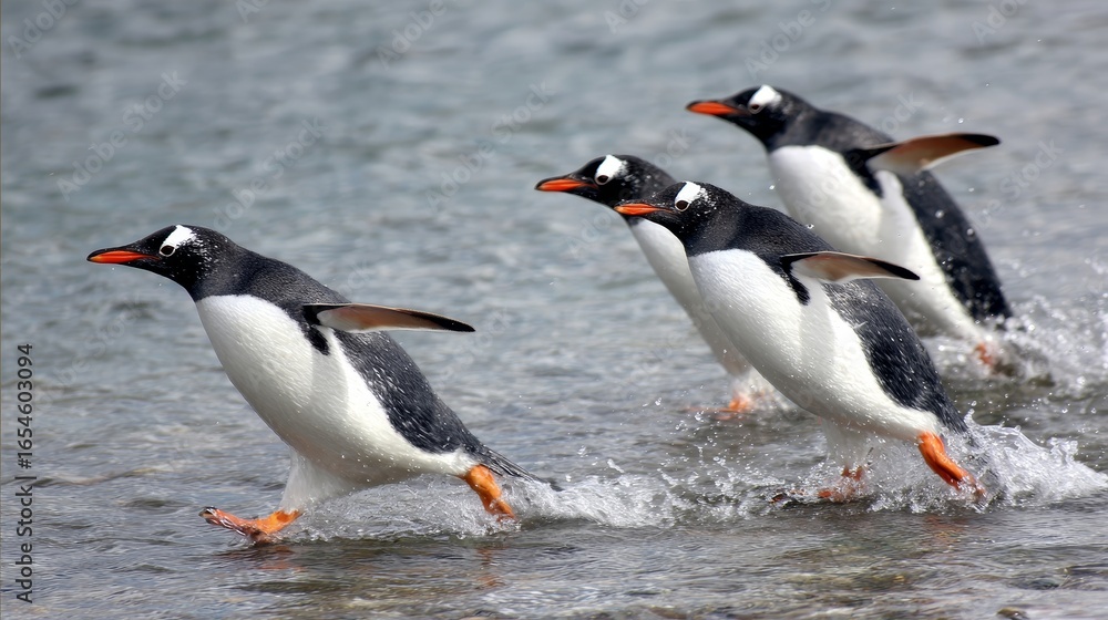 Naklejka premium Gentoo penguins swimming gracefully underwater in Antarctic ocean, native wildlife in natural habitat, marine animals in cold environment, majestic cold region birds in dynamic motion
