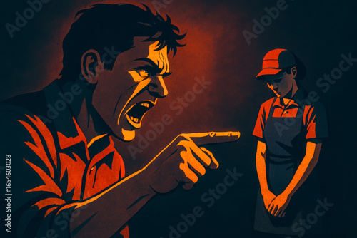 Dramatic illustration of customer harassment, showing a furious man yelling and pointing at a distressed female service worker in uniform.